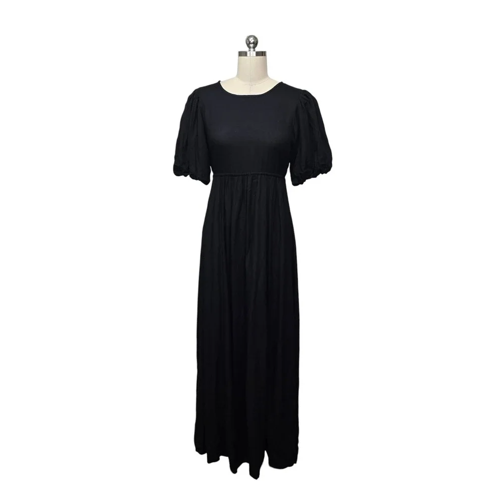 Beach Riot Black Viscose Linen Open Back Puff Sleeve Maxi Dress Size Medium